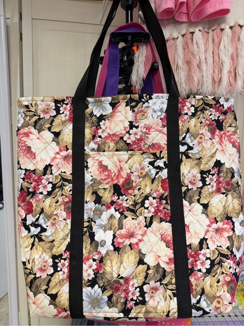 Quilted Floral Tote Bag in Black, Pink and Cream